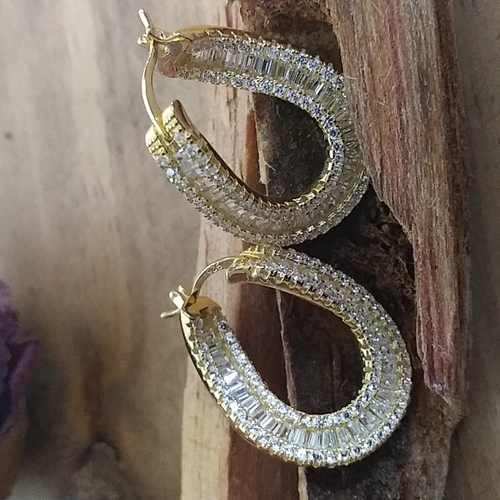 Forward face 925 hoops baguette and round lab grown pierced earrings marked 925